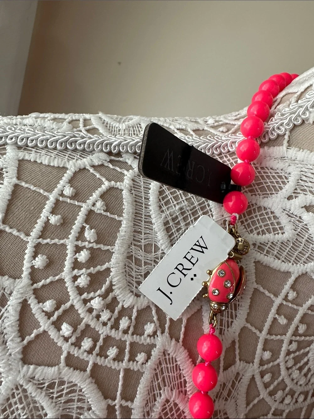 NWT J. Crew Ladybug Closure Hot Pink Beaded Necklace